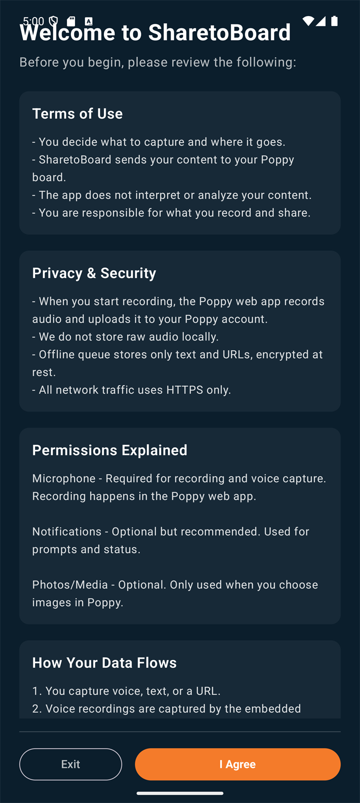 SharetoBoard consent screen on first launch, summarising privacy and data handling.