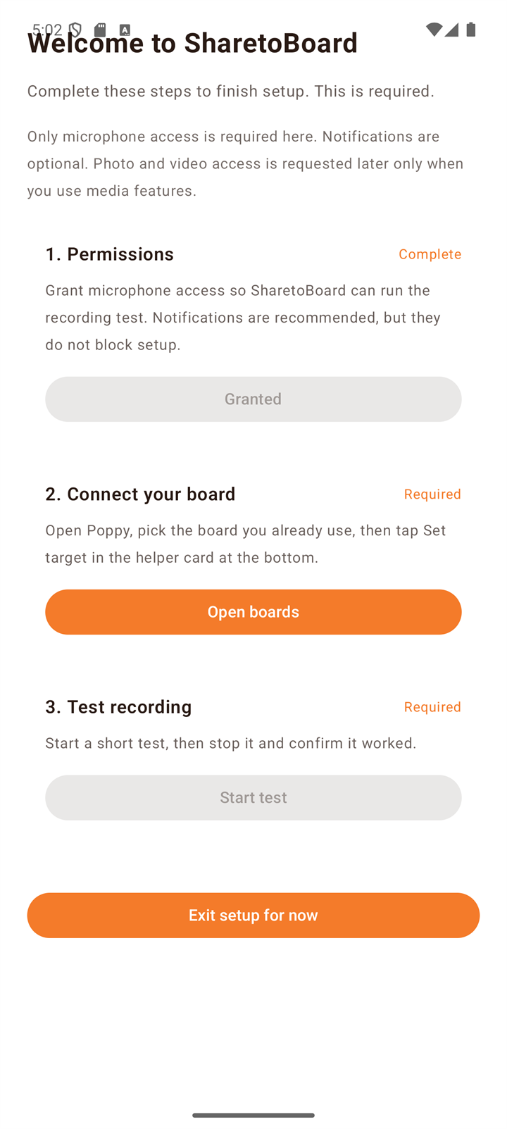Three-step onboarding screen explaining capture, board, and sync.