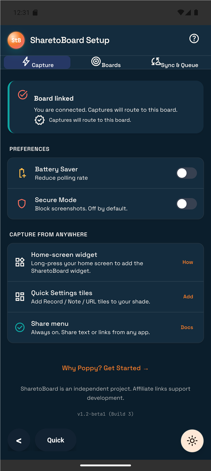 SharetoBoard Setup screen on the Capture tab with one-time setup checklist and preferences.