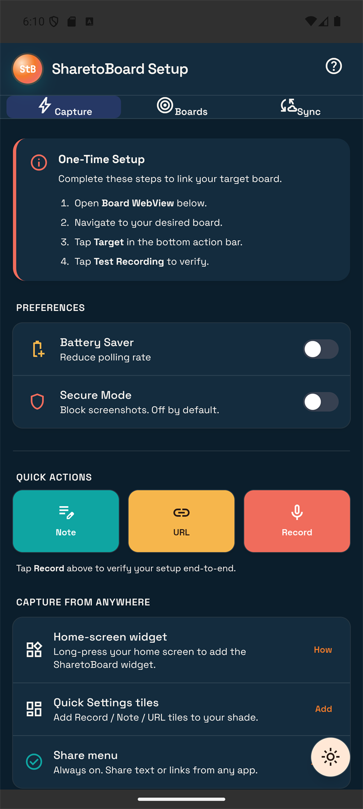ShareToBoard Setup screen on the Capture tab with one-time setup checklist and preferences.