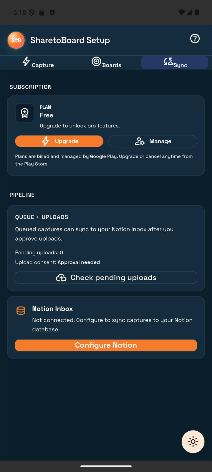 Sync tab showing Free plan, Queue and Uploads with Approval Needed, Notion Inbox not connected.