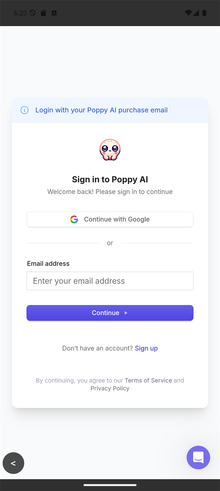 Board WebView showing the Poppy AI sign-in page with helper banner.