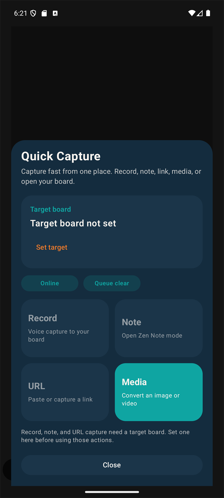 Quick Capture sheet showing Record, Note, URL, and Media tiles over a dimmed background.
